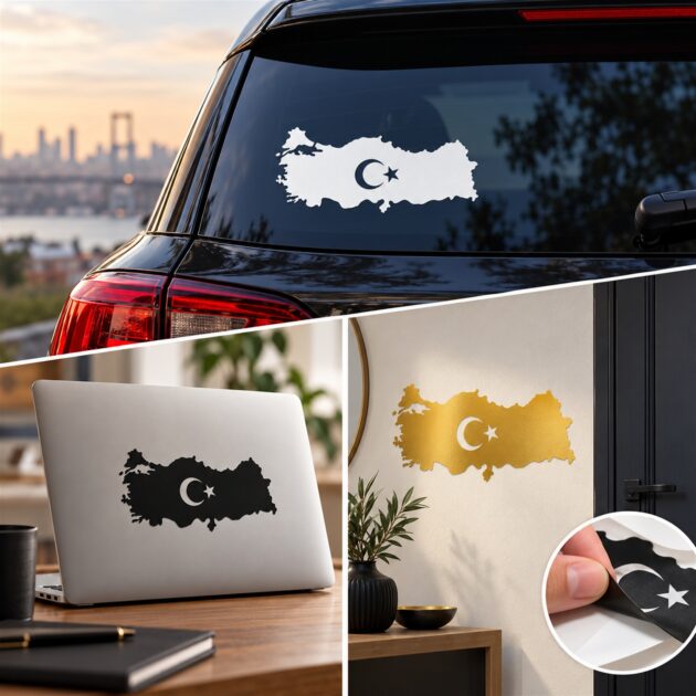 Türkiye Haritası Sticker 3’lü Set | 20 cm Altın Siyah Beyaz Folyo Kesim