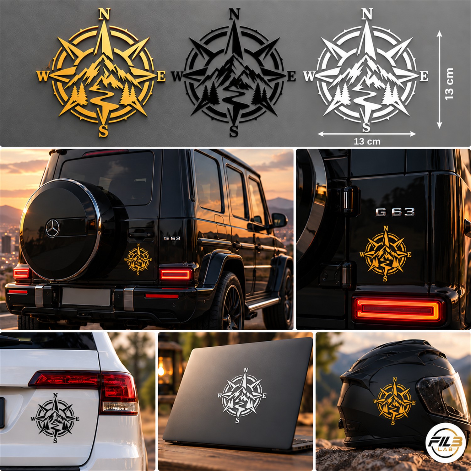طقم ملصقات البوصلة والجبال – 3 قطع 13×13 سم | ذهبي وأسود وأبيض | للسيارات وOff-Road والتخييم - الصورة 2