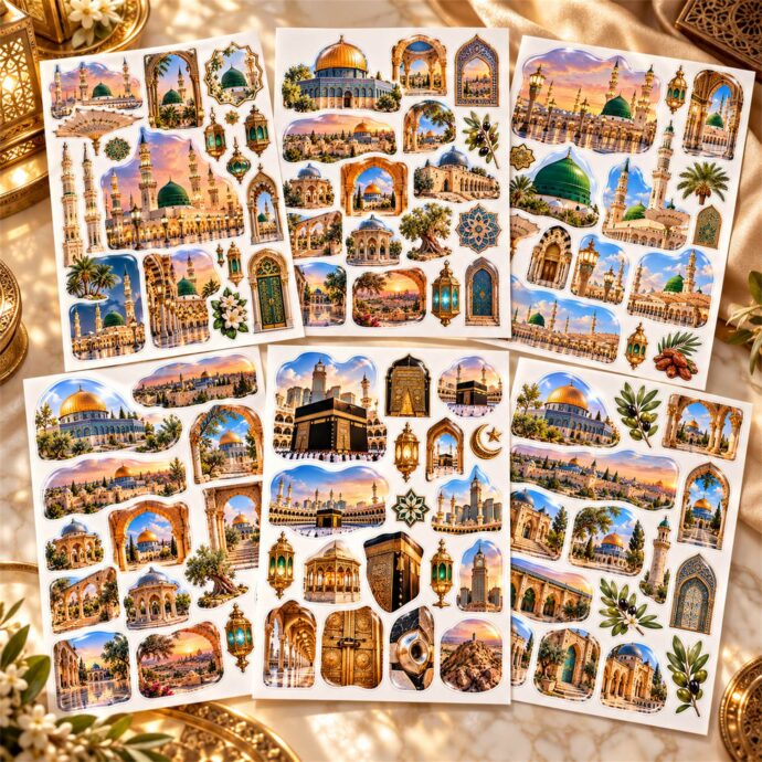 طقم ملصقات إسلامية بحجم A5 – الكعبة والمسجد النبوي والمسجد الأقصى وتصاميم روحانية فاخرة