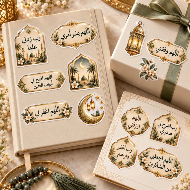 A5 İslami Dua ve Zikir Sticker Seti – 5 Yaprak Zarif Arapça Yazılı Dekoratif Stickerlar
