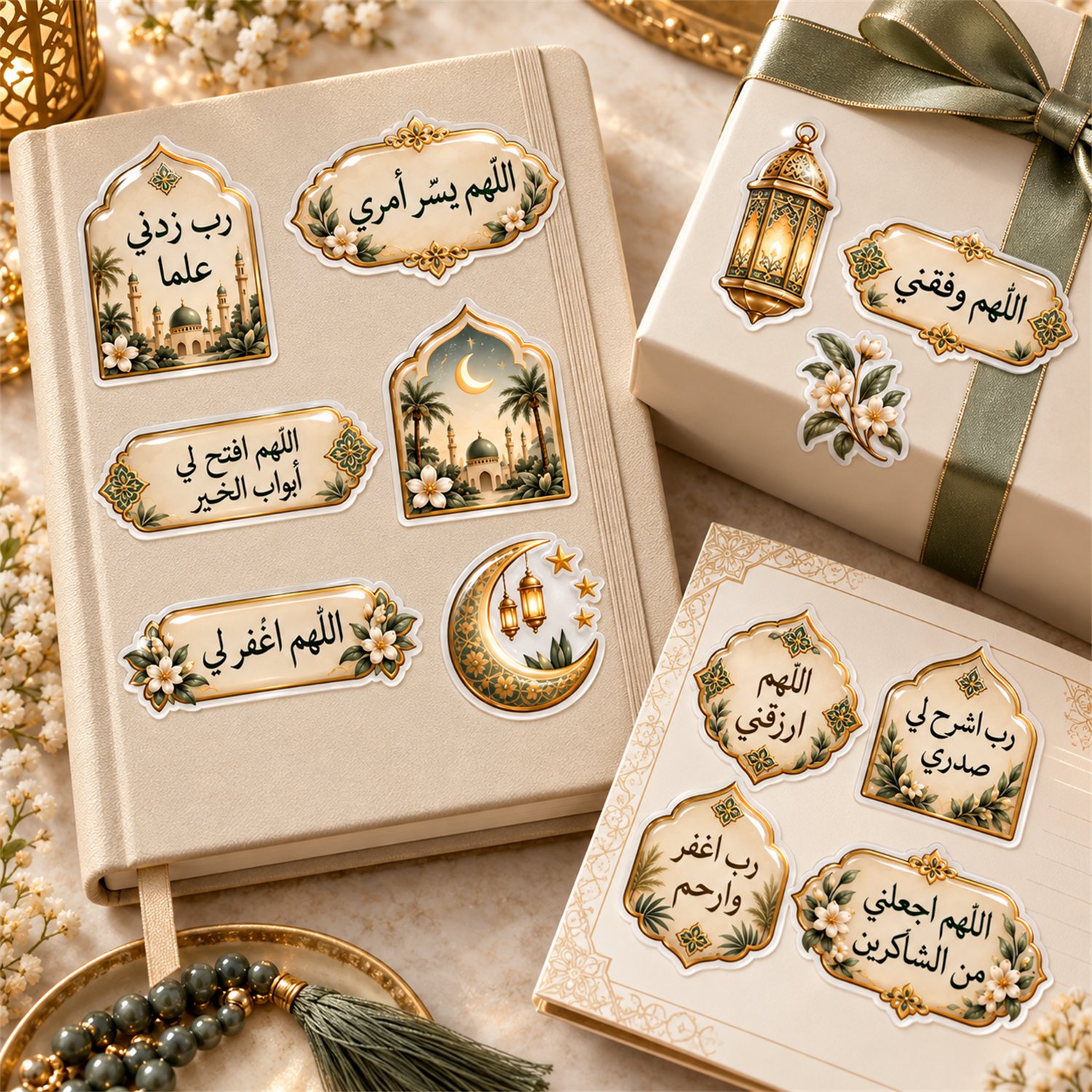 A5 İslami Dua ve Zikir Sticker Seti – 5 Yaprak Zarif Arapça Yazılı Dekoratif Stickerlar
