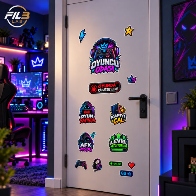 Premium Oyuncu Odası Sticker Seti – 4 A4 Sayfa Gaming Kapı ve Setup Dekor Paketi