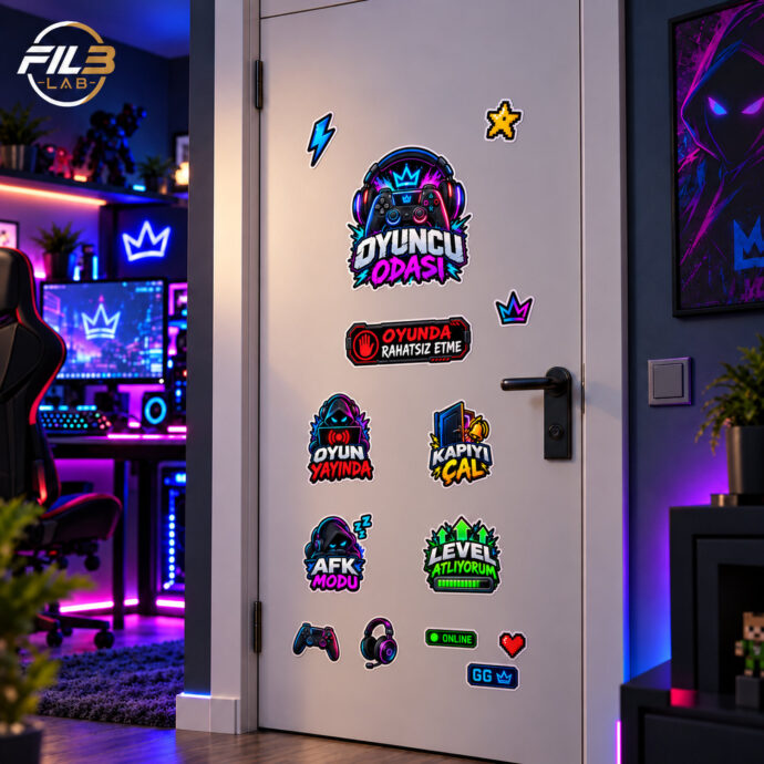 طقم ملصقات غرفة الجيمر – 4 صفحات A4 | ملصقات باب وPC وديكور Gaming Setup