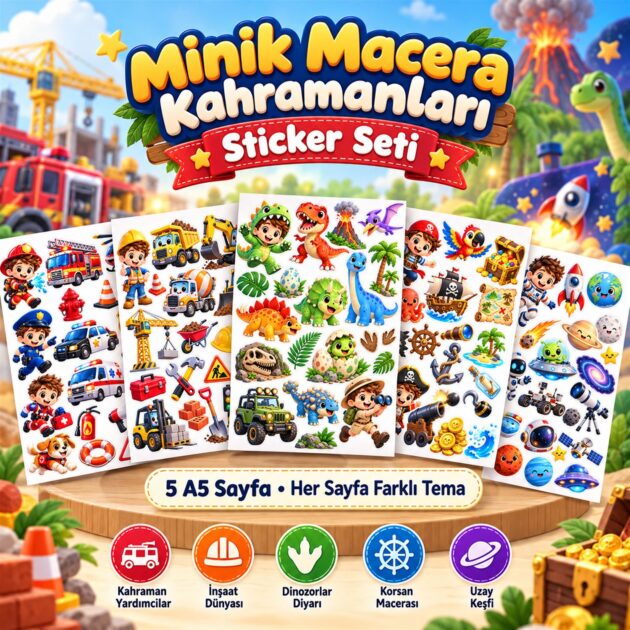 Minik Macera Kahramanları Sticker Seti – 5 A5 Sayfa, Çocuklar İçin Eğlenceli Çıkartma Seti