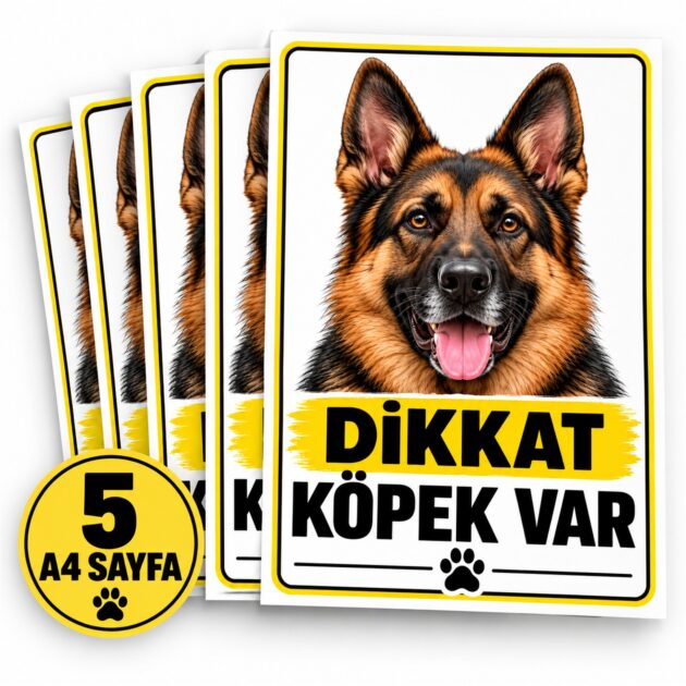 Dikkat Köpek Var Sticker Seti – 5 Adet A4 Uyarı Etiketi