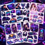 RGB Gaming Sticker Seti – 5 A5 Sayfa | Gamer Karakterleri, Neon Oyun Setup, Gamepad, Klavye ve Arcade Temalı Sticker Paketi