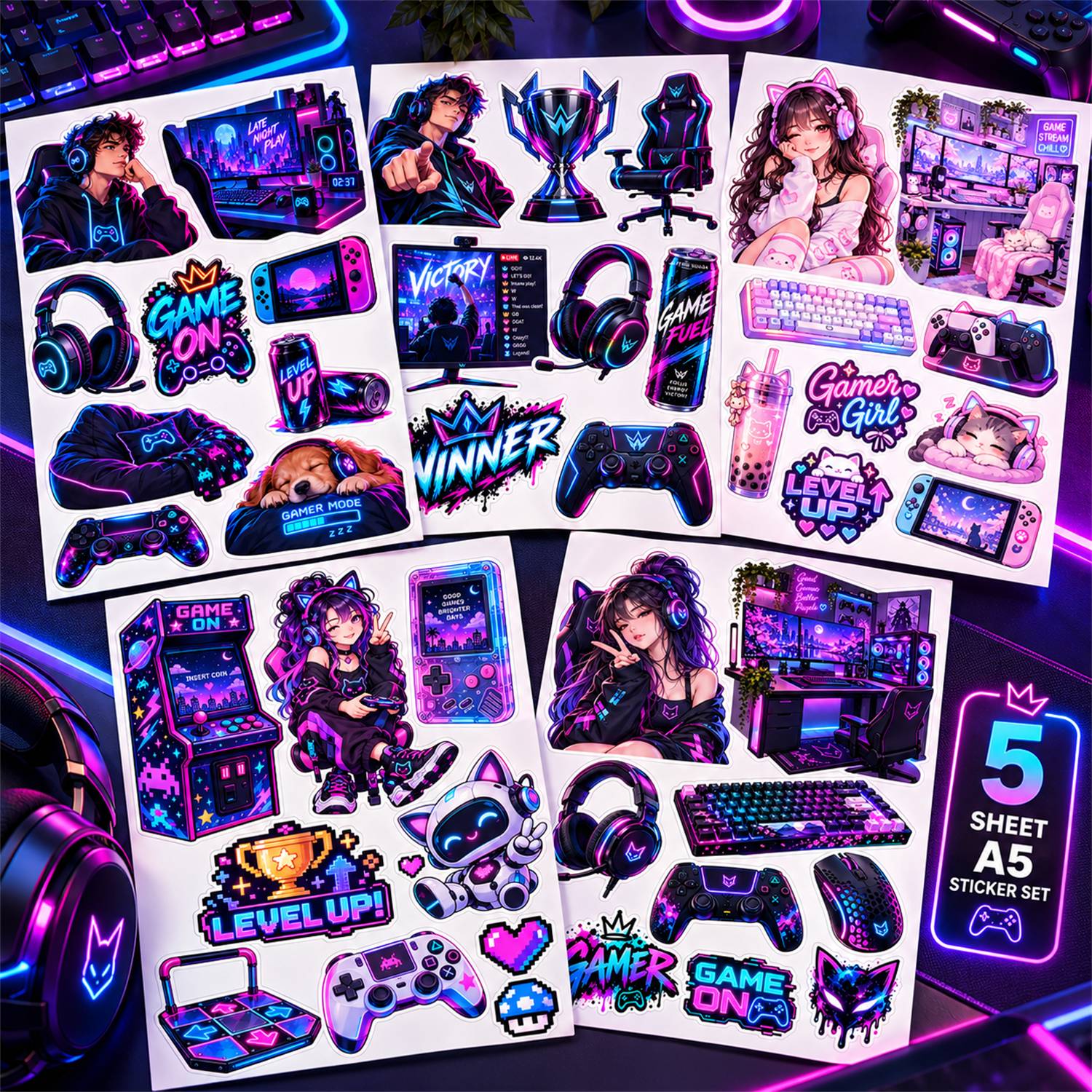 RGB Gaming Sticker Seti – 5 A5 Sayfa | Gamer Karakterleri, Neon Oyun Setup, Gamepad, Klavye ve Arcade Temalı Sticker Paketi