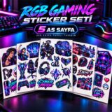 Premium Gaming Sticker Seti – 5 A5 Sayfa | RGB, Esports, Racing, Cyber, Arcade ve Stream Temalı
