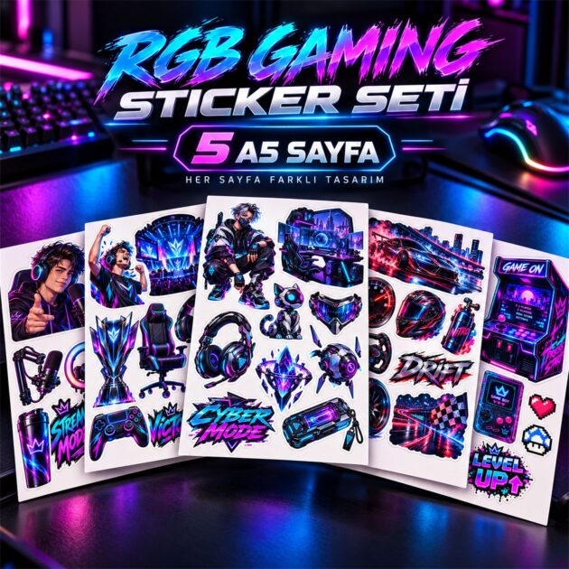 Premium Gaming Sticker Seti – 5 A5 Sayfa | RGB, Esports, Racing, Cyber, Arcade ve Stream Temalı