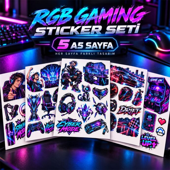 طقم ملصقات جيمينغ بريميوم – 5 صفحات A5 | RGB، إيسبورت، سباقات، سايبر، آركيد وستريم