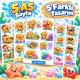 Neşeli Deniz Arkadaşı Sticker Seti – 5 A5 Sayfa | Çocuklar İçin Deniz, Baloncuk ve Macera Temalı
