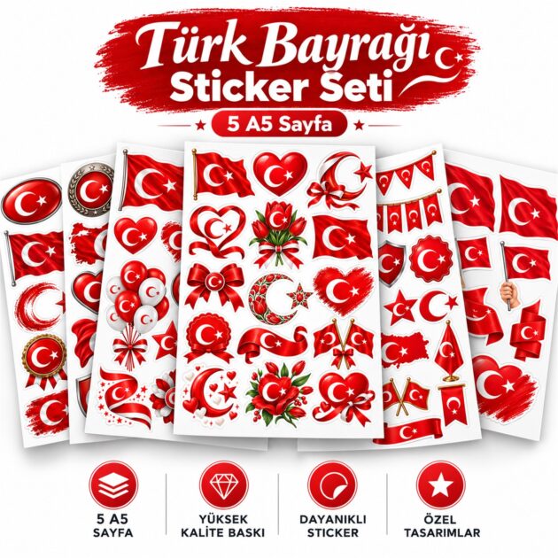 Türk Bayrağı Sticker Seti – 5 A5 Sayfa