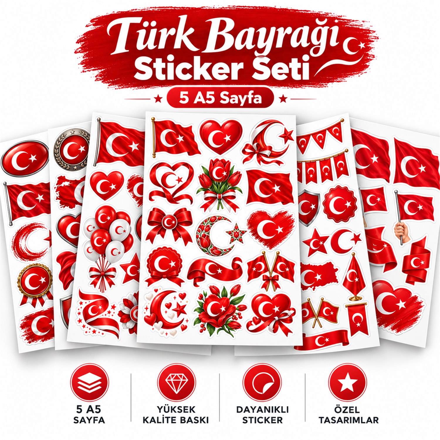 Türk Bayrağı Sticker Seti – 5 A5 Sayfa
